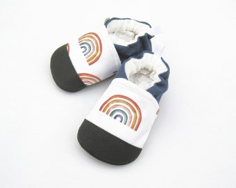 Organic Vegan Scattered Rainbows in Blue / non-slip soft sole baby shoes / made to order / babies toddlers preschool