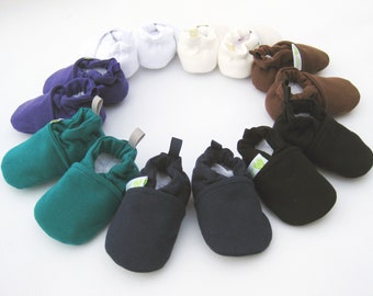 Zapatos de bebé de algodón orgánico: 100% tela, suela suave, veganos, hechos a medida.