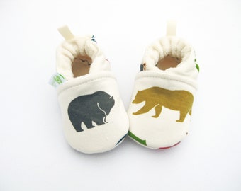 Organic Knits Vegan Grey and Gold Bear Hike / All Fabric Soft Sole Baby Shoes / Made to Order