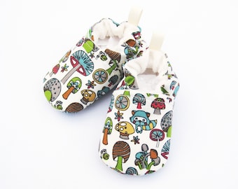 Zapatos veganos orgánicos para bebé: Mapache y seta, suela suave de tela