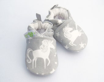 Organic Knits Vegan Unicorn in Gray / All Fabric Soft Sole Baby Shoes / Made to Order
