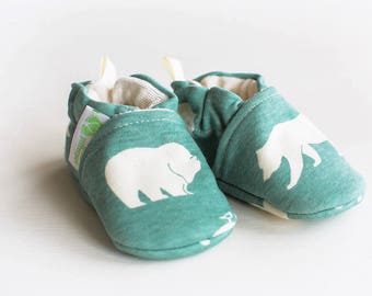 Organic Knits Vegan Bears in Mineral / All Fabric Soft Sole Baby Shoes / Made to Order / Babies