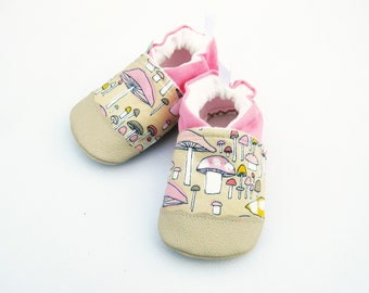 Organic Vegan Pink Mushrooms / non-slip soft sole baby shoes / Made to Order / Babies Toddler Preschool