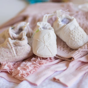 Classic Vintage-style Embroidered Flowers All Fabric Soft Sole Baby Shoes / Made to Order / Baptism Christening image 1