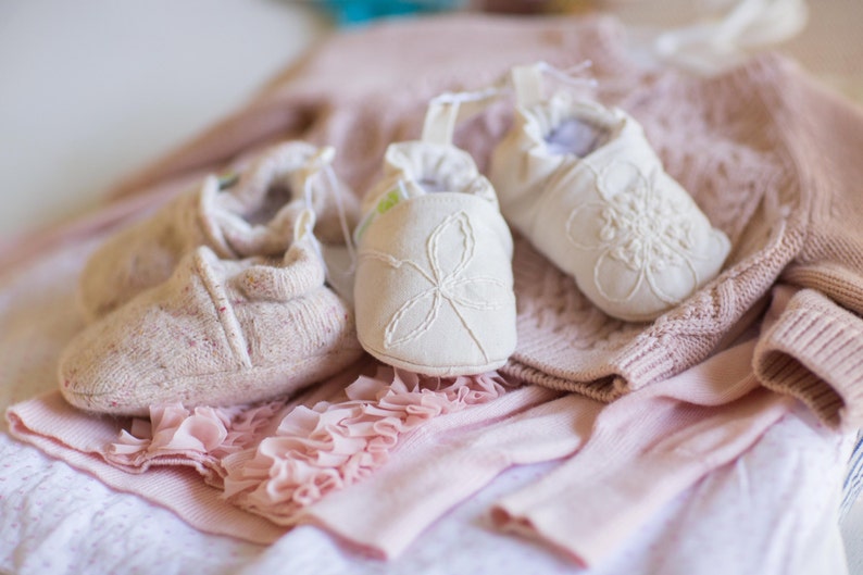 Classic Vintage-style Embroidered Flowers All Fabric Soft Sole Baby Shoes / Made to Order / Baptism Christening image 1