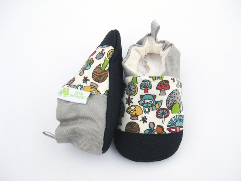 SALE Organic Vegan Raccoon and Toadstool / non-slip soft sole shoes / made to order / Babies Toddlers Preschool image 4