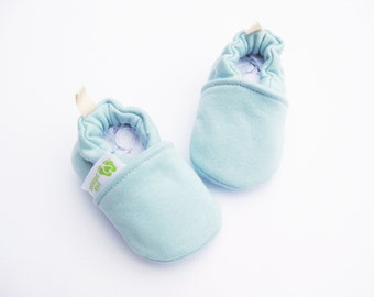 Warm Organic Cotton Fleece in Blue All Fabric Soft Sole Baby Shoes / Made to Order / Babies