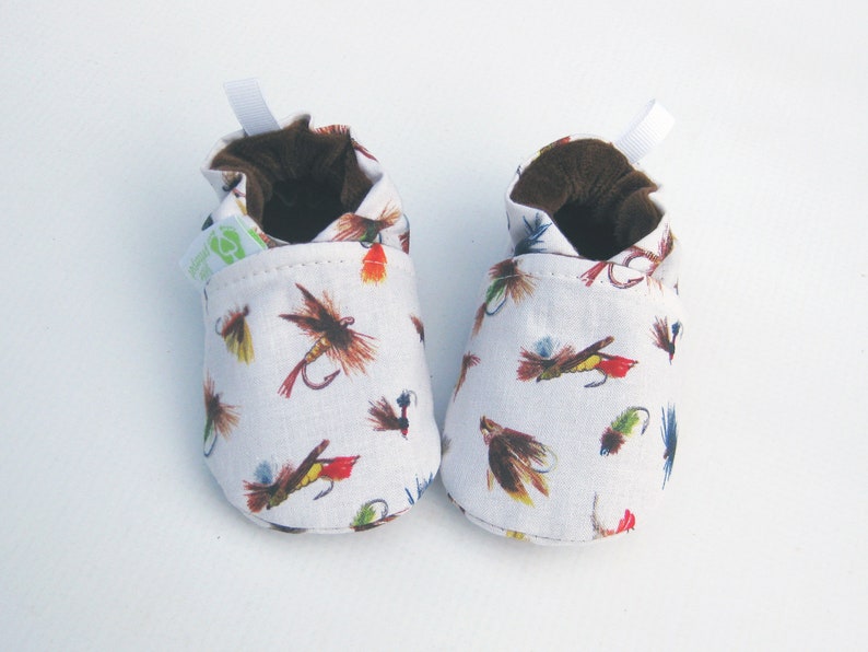 Classic Vegan Fly Fishing in Light Grey / All Fabric Soft Sole Baby Shoes / Ready to Ship / Babies image 4