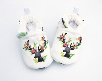 Organic Knits Vegan Boho Deer Floral / All Fabric Soft Sole Baby Shoes / Made to Order / Babies