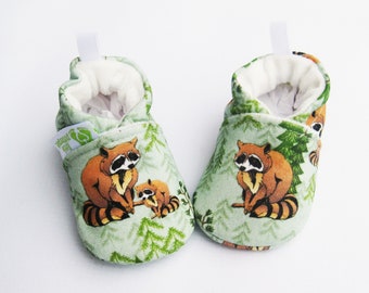 SALE Organic Knits Raccoon in Green/ All Fabric Vegan Soft Sole Baby Shoes / Made to Order / Babies Booties Shower Gift