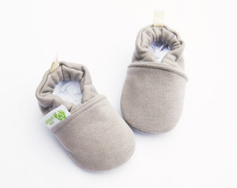 Warm Organic Cotton Fleece in Light Shroom Vegan / All Fabric Soft Sole Baby Shoes / Made to Order / Babies