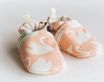 Organic Knits Vegan Blush Swan/ All Fabric Soft Sole Baby Shoes / Made to Order