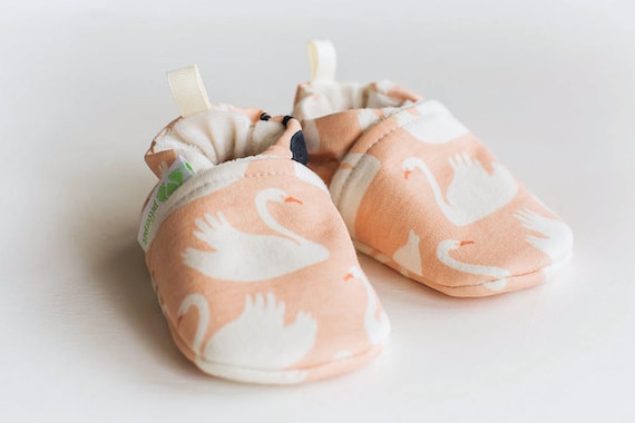 Organic Knits Vegan Blush Swan/ All Fabric Soft Sole Baby Shoes / Made to Order