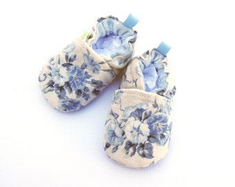 Classic Vegan Porcelain Blue Flowers/ All Fabric Soft Sole Baby Shoes / Made to Order / Babies