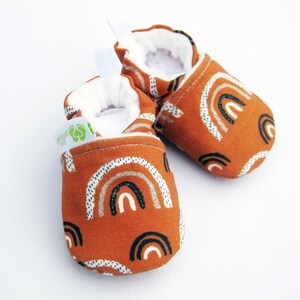 Organic Knits Rust Rainbows / All Fabric Vegan Soft Sole Baby Shoes / Made to Order / Babies Booties Shower Gift