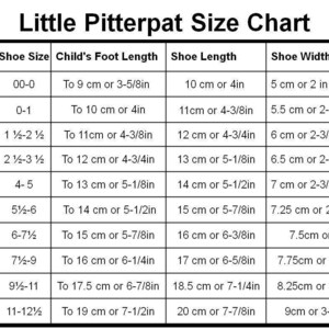 May include: A chart showing shoe sizes for children, with columns for size, shoe size, child's foot length, shoe length, and shoe width. The chart uses both inches and centimeters.