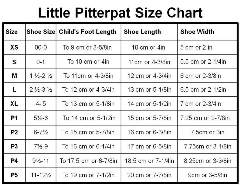 May include: A chart showing shoe sizes for children, with columns for size, shoe size, child's foot length, shoe length, and shoe width. The chart uses both inches and centimeters.