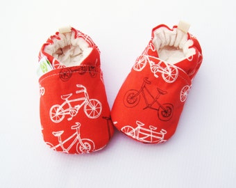 Sale Classic Cotton Baby Shoes: Rust Bike Print, Soft Sole, Handmade All Fabric