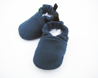 Zapatos de bebé de forro polar de algodón orgánico: Botines de suela suave, color azul marino, totalmente de tela