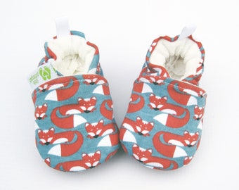 Organic Knits Fox Sleeping / All Fabric Vegan Soft Sole Baby Shoes / Made to Order / Babies Booties Shower Gift
