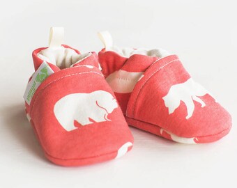 Organic Knits Vegan Bears in Coral / All Fabric Soft Sole Baby Shoes / Made to Order / Babies