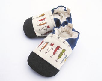 Organic Vegan Fishing Lures with Blue / non-slip soft sole baby shoes / made to order / Babies Toddlers Preschool