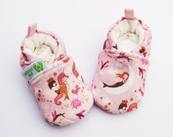 Organic Knits Mermaids in pink / All Fabric Soft Sole Baby Shoes / Made to Order / Babies