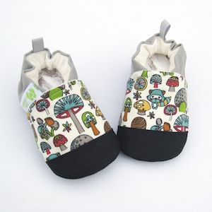 Organic Vegan Raccoon and Toadstool / non-slip soft sole shoes / made to order / Babies Toddlers Preschool