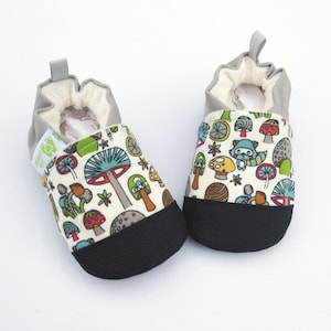 SALE Organic Vegan Raccoon and Toadstool / non-slip soft sole shoes / made to order / Babies Toddlers Preschool image 1