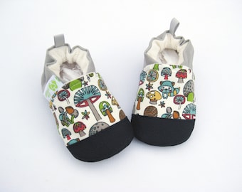 SALE Organic Vegan Raccoon and Toadstool / non-slip soft sole shoes / made to order / Babies Toddlers Preschool