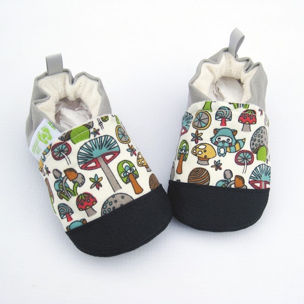 SALE Organic Vegan Raccoon and Toadstool / non-slip soft sole shoes / made to order / Babies Toddlers Preschool