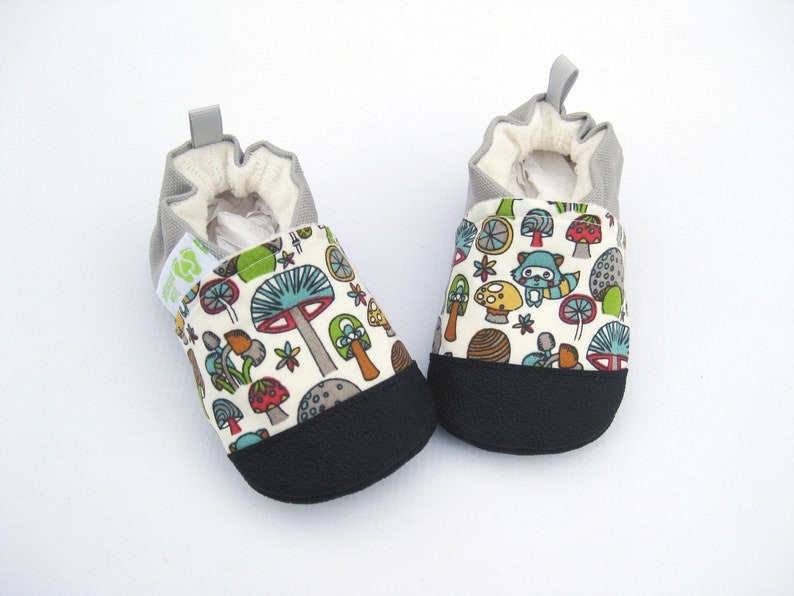 SALE Organic Vegan Raccoon and Toadstool / non-slip soft sole shoes / made to order / Babies Toddlers Preschool image 1