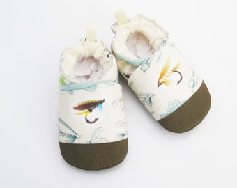 Eco-Canvas Vegan Fly Fishing / non-slip soft sole baby shoes / made to order / babies toddler preschool