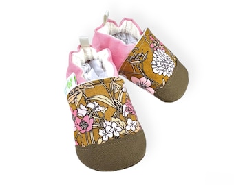 SALE Organic carnations and poppies  / non-slip soft sole baby shoes / made to order / Babies Toddlers Preschool