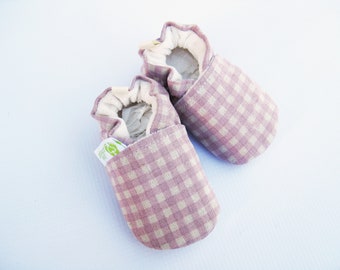 SALE Classic Vegan Gingham Check in Pink / All Fabric Soft Sole Baby Shoes / Made to Order / Babies