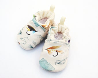 Organic Knits Vegan Fly Fishing / All Fabric Soft Sole Baby Shoes / Made to Order