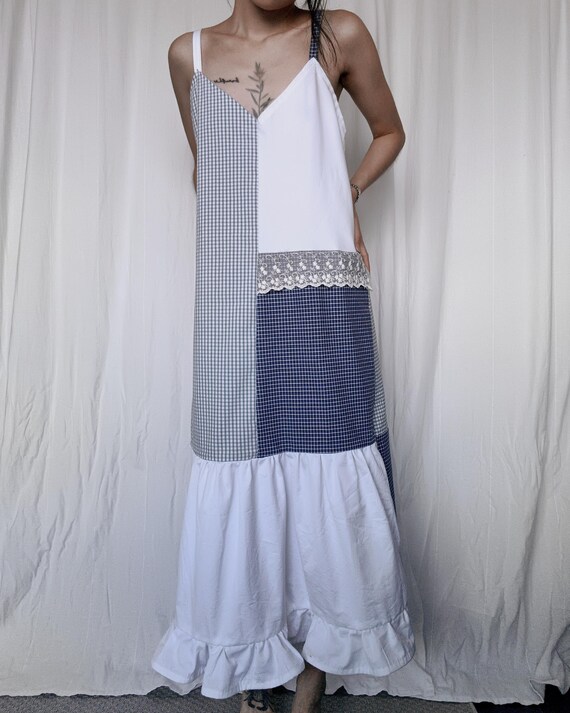 chinese dress ladies Blue Striped Polka Dot Patchwork High Waist Spaghetti Straps Maxi Dres –  HannaBanna Clothing