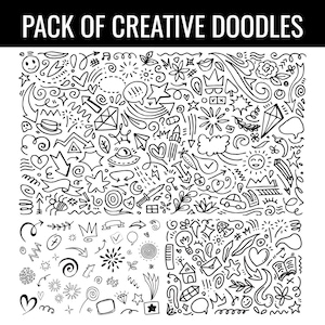 May include: A black and white pack of creative doodle illustrations. The doodles include stars, hearts, arrows, crowns, flowers, and more.