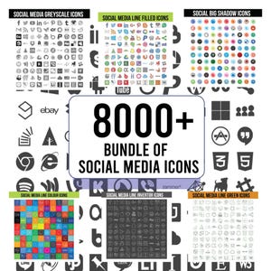Może przedstawiać: Zbiór ponad 8000 ikon mediów społecznościowych w różnych stylach, w tym skala szarości, wypełnione linie, duży cień, kolorowe linie, odwrócone linie i zielone linie. Ikony są wyświetlane w formacie siatki z tekstem "8000+ BUNDLE OF SOCIAL MEDIA ICONS" w środku.