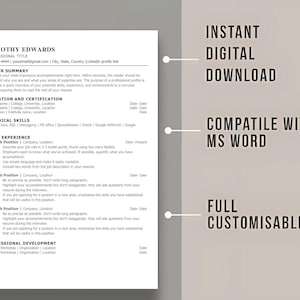 Może przedstawiać: Czarno-biały szablon CV z tekstem "DOROTHY EDWARDS", "PROFESSIONAL TITLE", "CAREER SUMMARY", "EDUCATION AND CERTIFICATION", "TECHNICAL SKILLS", "WORK EXPERIENCE", "PROFESSIONAL DEVELOPMENT", "INSTANT DIGITAL DOWNLOAD", "COMPATIBLE WITH MS WORD" i "FULL CUSTOMISABLE".