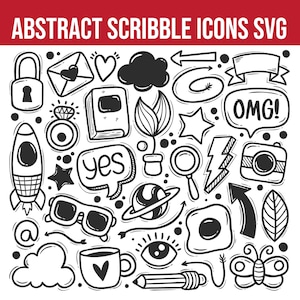 May include: A black and white doodle illustration of various icons, including a rocket, a cloud, a coffee cup, a butterfly, a camera, a magnifying glass, a lock, a heart, a star, a plant, a book, a planet, an eye, a lightning bolt, a speech bubble with the word "yes", a speech bubble with the word "OMG!" and an arrow.