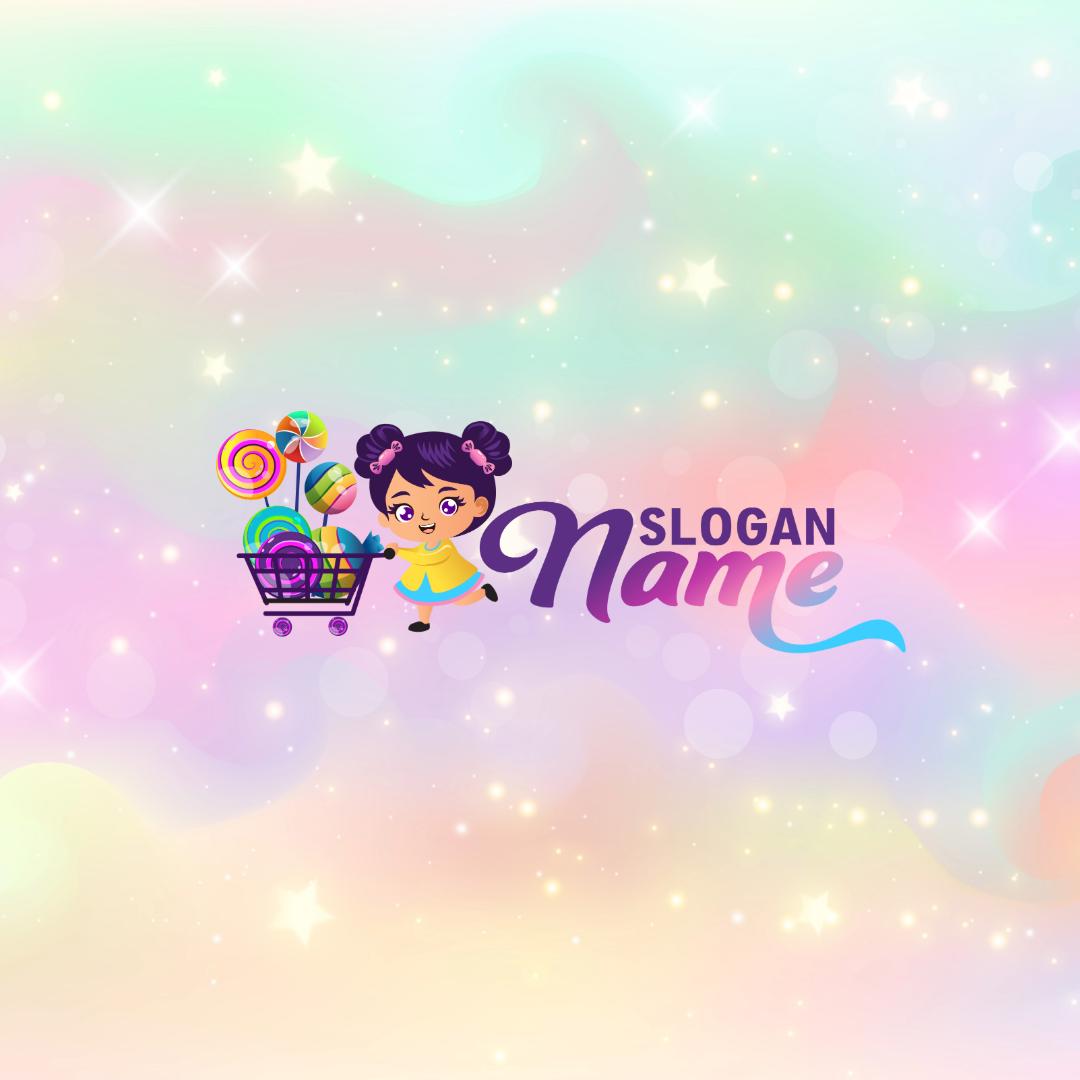 Colorful Candy Shop Logo – Cute Girl Pushing a Shopping Cart Full of Sweets – Party Candy Bar Logo Design - Image 4