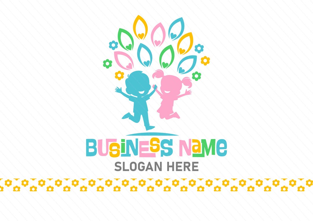 Playful Kids Logo - Jumping Children with Floral and Heart Leaves | Pastel Colors, Fun Font, Childcare and Educational Logo - Image 1