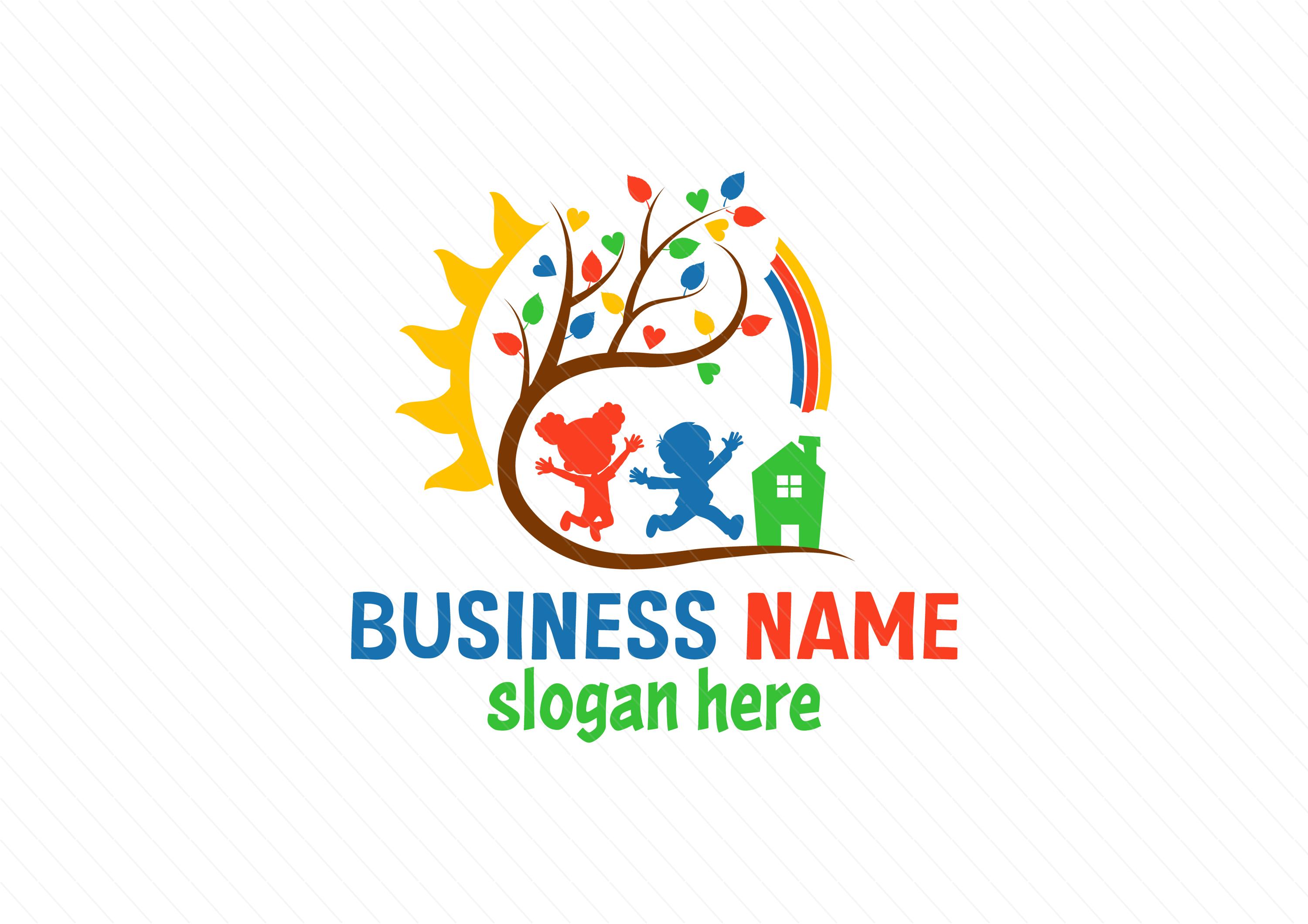 Colorful Rainbow and Sun with a Heart leafs logo, with happy children - Education Logo - Preschool Logo - DayCare Logo - Image 2