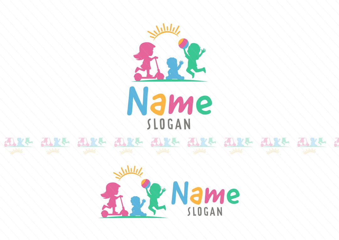 Playful Kids Logo - Scooter Girl, Boy with a ball and a Toddler with Sun Above | Childcare, Kindergarten and Activity Center Logo