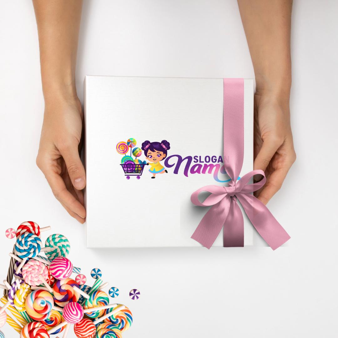 Colorful Candy Shop Logo – Cute Girl Pushing a Shopping Cart Full of Sweets – Party Candy Bar Logo Design - Image 8