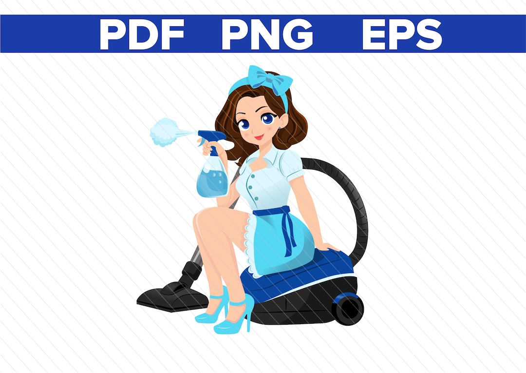 Direct Download of a Beautiful Cleaning Female, sitting on a Vacuum Cleaner - Maid Mascot Illustration - Cleaning Character