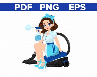 Direct Download of a Beautiful Cleaning Female, sitting on a Vacuum Cleaner - Maid Mascot Illustration - Cleaning Character