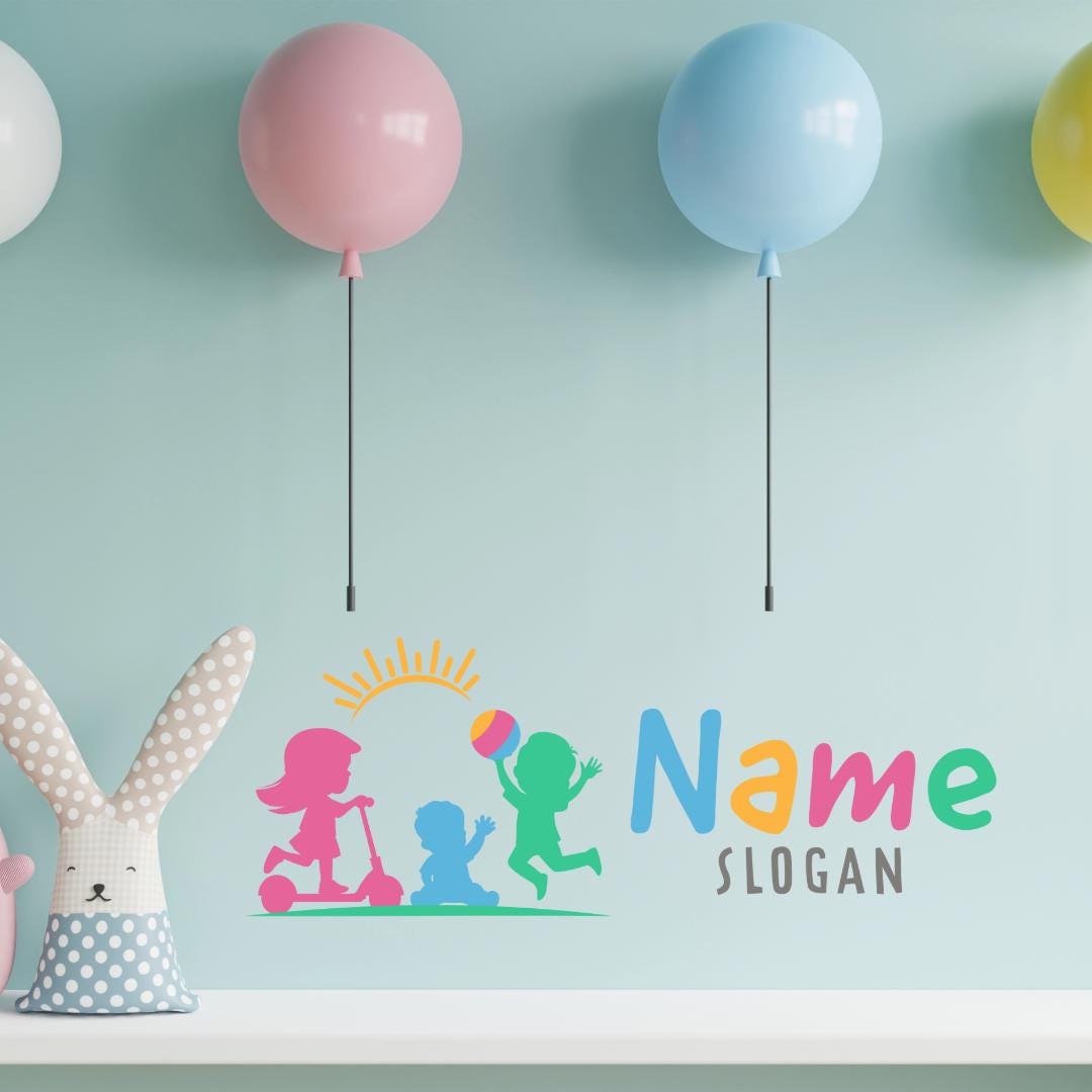 Playful Kids Logo - Scooter Girl, Boy with a ball and a Toddler with Sun Above | Childcare, Kindergarten and Activity Center Logo - Image 9