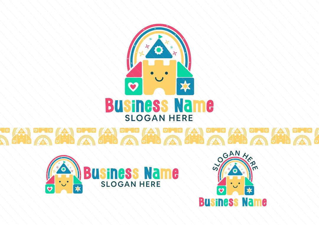 Colorful playful castle and rainbow logo with stars and flowers - Playground Logo - Preschool Logo - Education logo - Kids Party